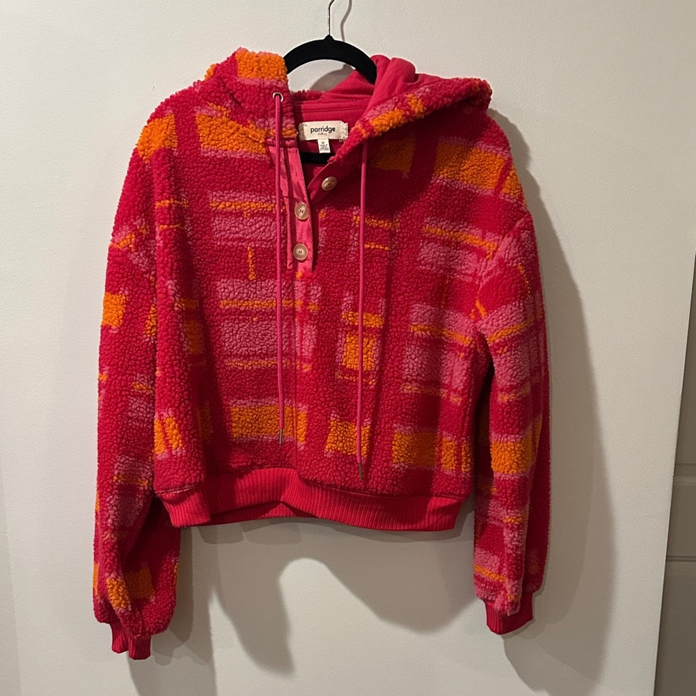 Anthropology Cozy Pink and Orange Plaid Sherpa Cropped Hoodie